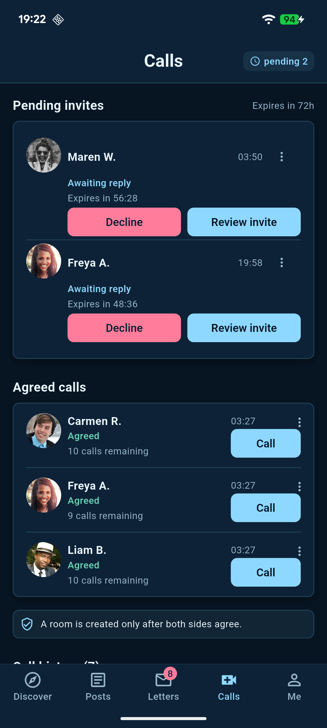 Live screenshot of the Kindred Pen Calls screen