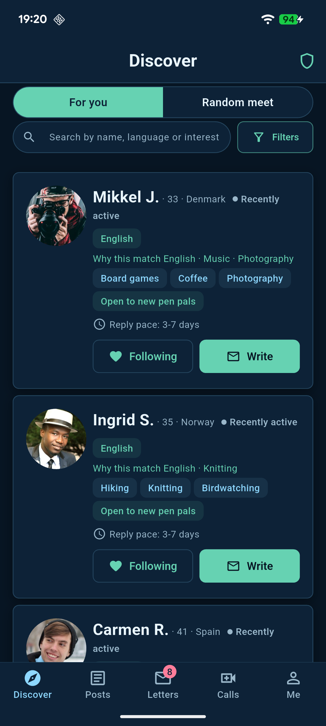 Live screenshot of the Kindred Pen Discover screen