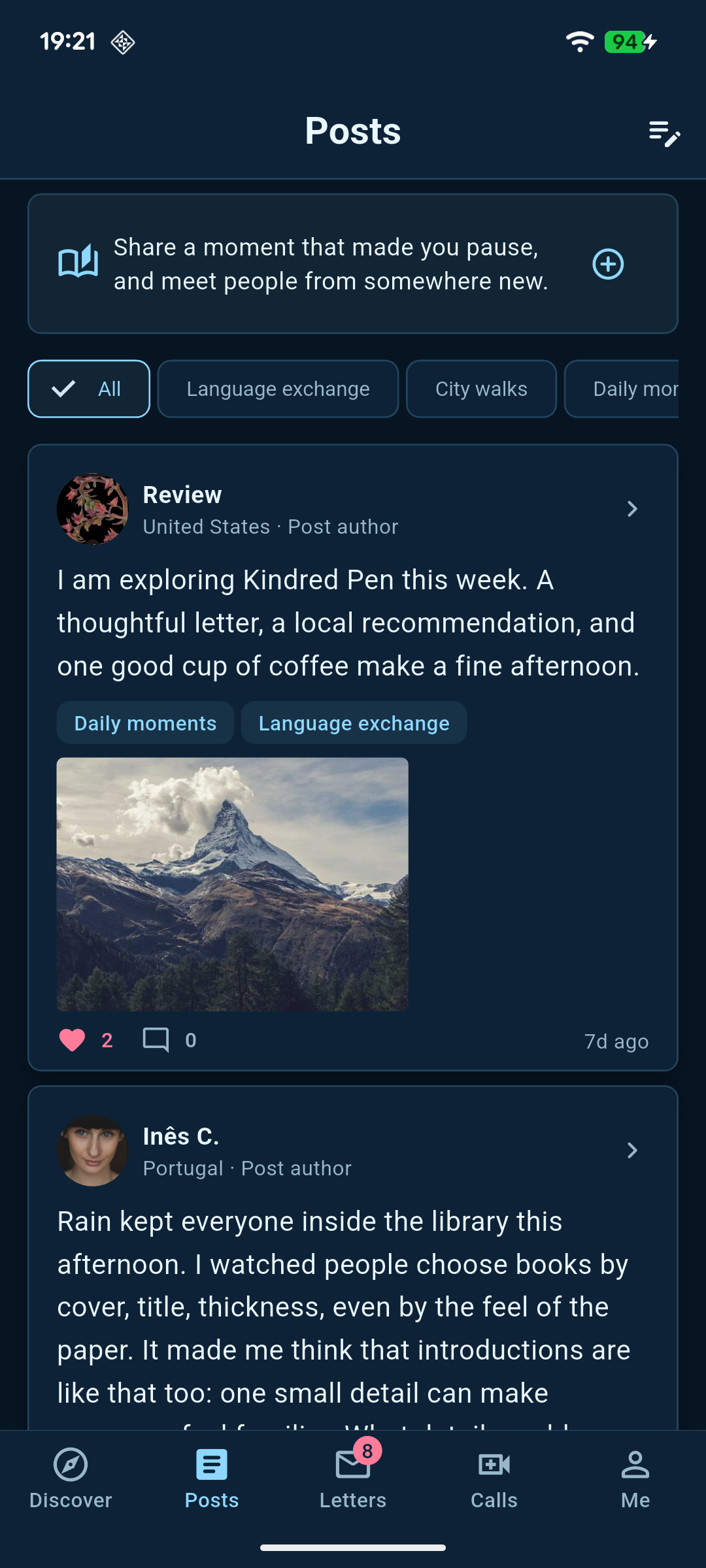 Live screenshot of the Kindred Pen Posts screen