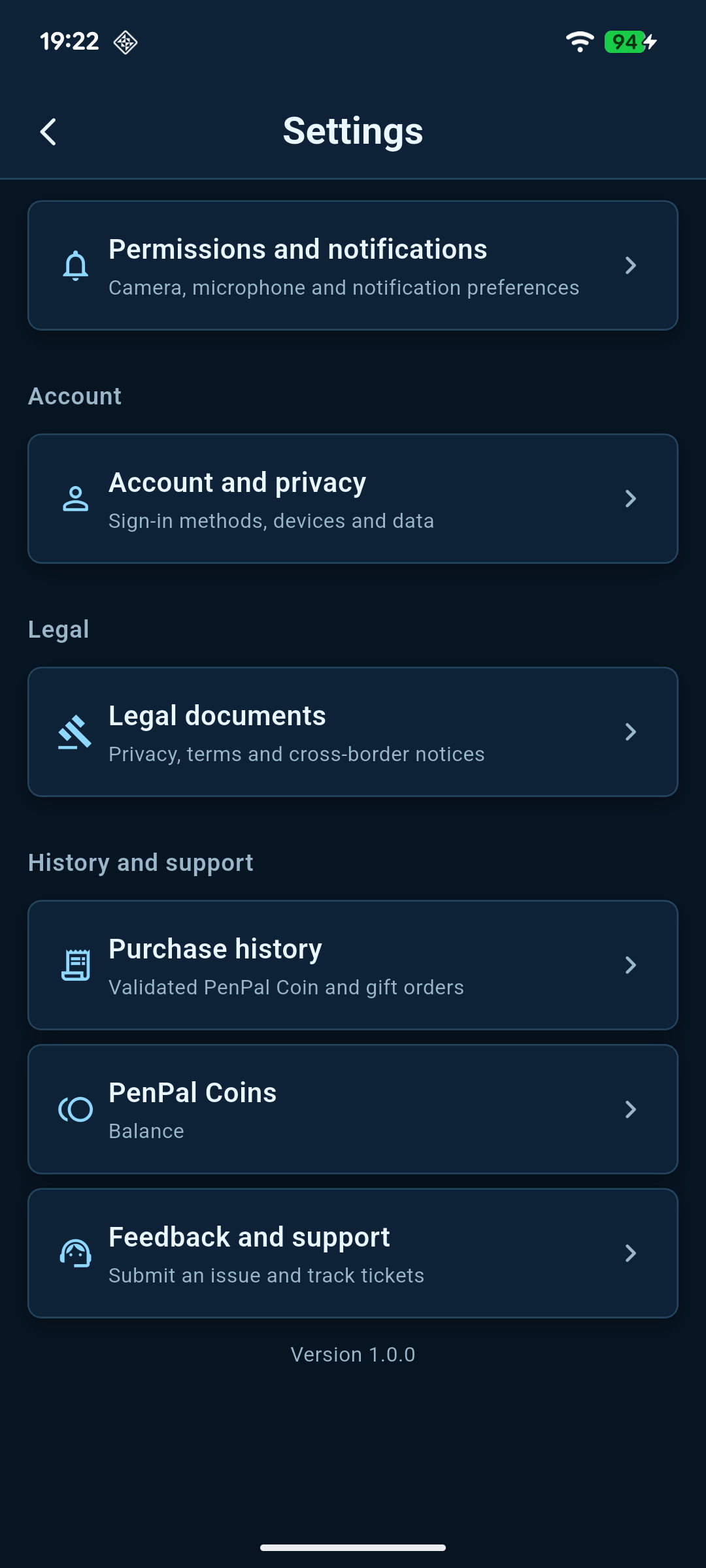 Live screenshot of the Kindred Pen Settings screen with account, privacy, legal and support options